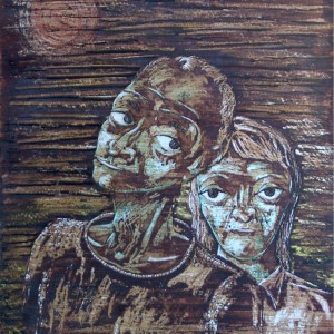 Idős pár / Elderly Couple (1981, diófapác tempera, 35 cm x 50 cm)