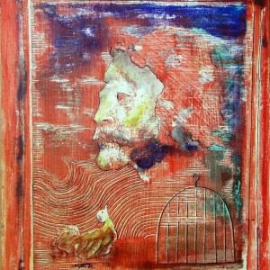 Önarckép kalitkával / Self-portrait with a Cage (1982, vegyes, 32,8 cm x 39,8 cm)