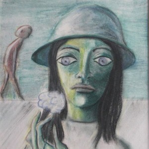 Kalapos lány / Girl with a Hat (1984, zsírkréta, 24 cm x 36 cm)