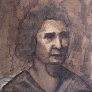 Arckép barnában / Portrait in Brown (1985, diófapác, 30,5 cm x 43 cm)